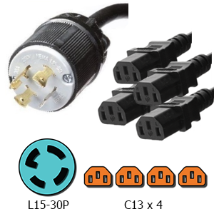 L15-30P to 4x C13 4-Way Splitter Power Cord, 15A, 250V