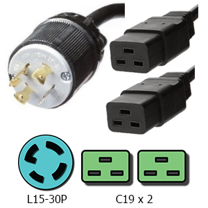 L15-30P to 2x C19 Y Splitter Power Cord, 20A, 250V