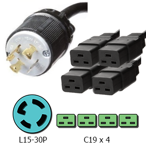 L15-30P to 4x C19 4-Way Splitter Power Cord, 20A, 250V