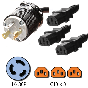 L6-30P to 3x C13 3-Way Splitter Power Cord, 15A, 250V