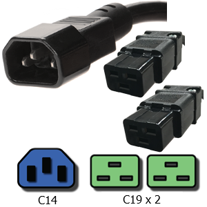 C14 to C19 Splitter Cords Rated for 15A, 250V, 14/3 SJT Jacket