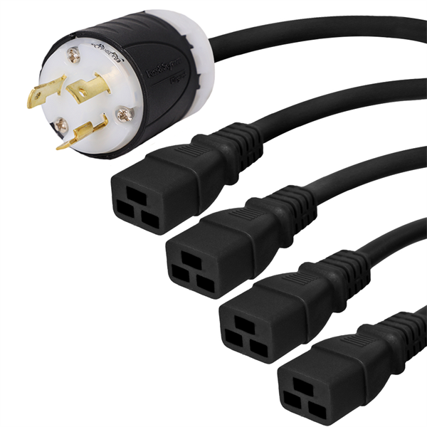 L6-30P to 4x C19 Splitter, 20A, 12/3 AWG, 10FT
