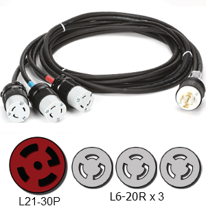 L21-30P to 3 x L6-20R 3-Phase Splitter Power Cord