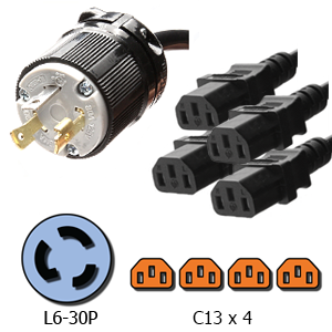 L6-30P to 4x C13 4-Way Splitter Power Cord, 15A, 250V