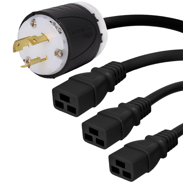 L6-20P to 3 x C19 Splitter Power Cords